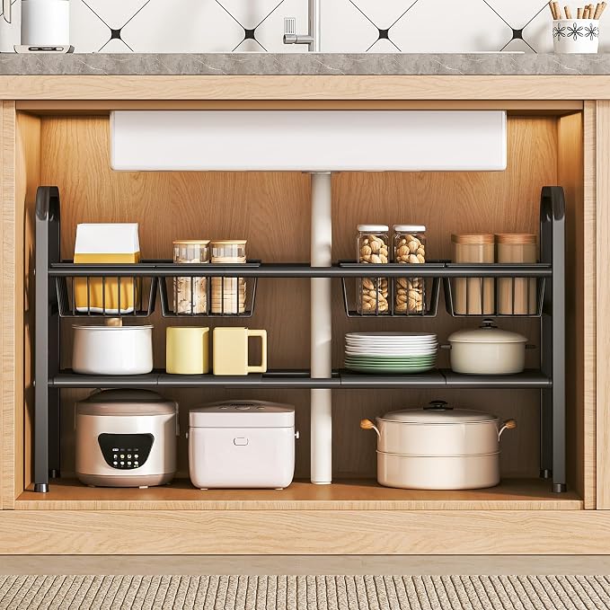 Under Sink Organizers and Storage, 2 Tier Expandable Length Adjustable Height Under Sink Organizer, Easy Assembly Heavy Duty Carbon Steel Space Saving Under Cabinet Shelf Storage Rack