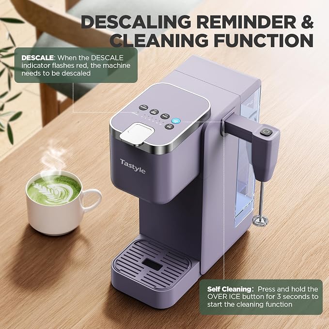 Tastyle 330MF Single Serve Coffee Maker with Built-in Detachable Milk Frother, Iced and Hot Coffee Machine for K Cup & Grounds, 40oz Removable Water Tank, 6 Cup Sizes, Fits 7.3" Travel Mug, Purple
