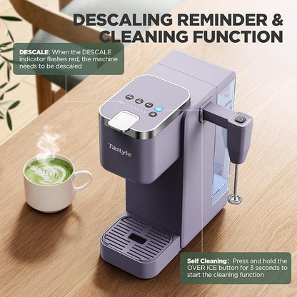 Tastyle 330MF Single Serve Coffee Maker with Built-in Detachable Milk Frother, Iced and Hot Coffee Machine for K Cup & Grounds, 40oz Removable Water Tank, 6 Cup Sizes, Fits 7.3" Travel Mug, Purple