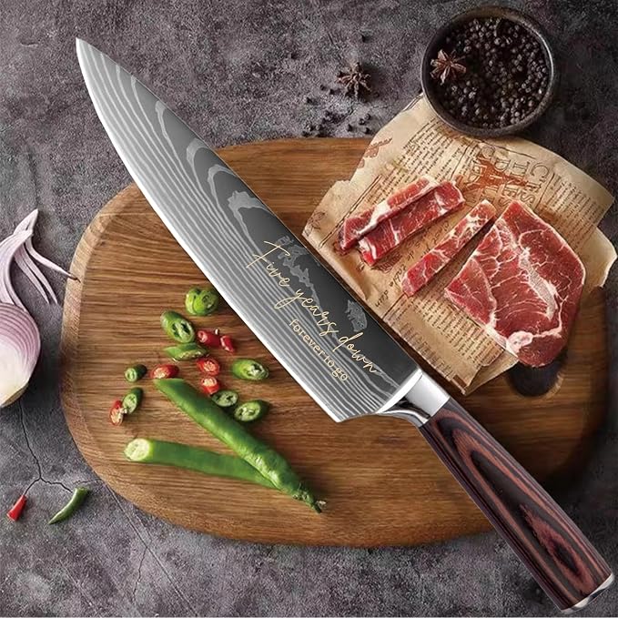5 Years Anniversary Engraved Chef Knife Gift, 5th Wedding Anniversary Keepsake for Couple, 8 Inch High Carbon Stainless Steel Sharp Kitchen Knife with Ergonomic Handle, 5 Years Marriage Presents