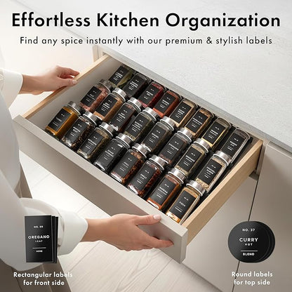 EDELHAUS Glass Spice Jars with Label and Stainless Steel Lids (24 x 4oz) Spice Containers with 240 Labels, Shaker Inserts, Steel Funnel, Empty Square Seasoning Organizer for Spice Rack Cabinet Drawer