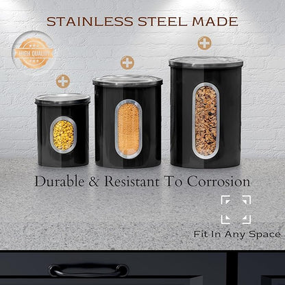 Moss & Stone 3-Piece Black Canisters Sets For The Kitchen, Airtight Canister Set With See Through Window, Storage Jars for Coffee Container, Tea Organizer & Sugar Canister, Black Kitchen Canisters