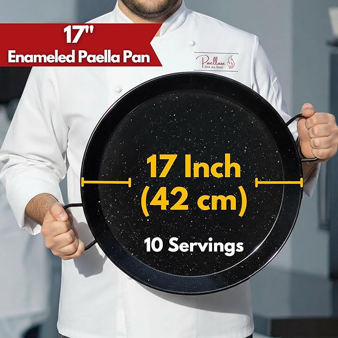 Paelluxe Paella Pan – Enamelled, No-Rust Steel Skillet for Propane & Gas Burners – Easy-to-Clean Pan for Indoor & Outdoor Cooking – Cacerola Paellera Sarten – 17 Inch, for 10 Servings