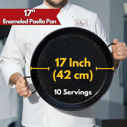 Paelluxe Paella Pan – Enamelled, No-Rust Steel Skillet for Propane & Gas Burners – Easy-to-Clean Pan for Indoor & Outdoor Cooking – Cacerola Paellera Sarten – 17 Inch, for 10 Servings