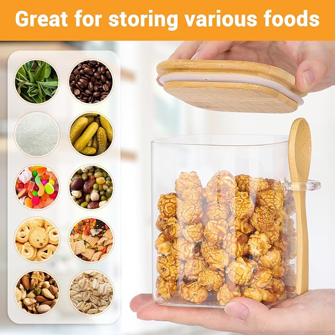 Glass Storage Jars with Airtight Lid - 2 Pack 28 Fl.oz Square Glass Containers with Bamboo Lids and Spoon, Includes Labels and Marker, Cereal Container Tea Canister for Flour, Beans, Sugar