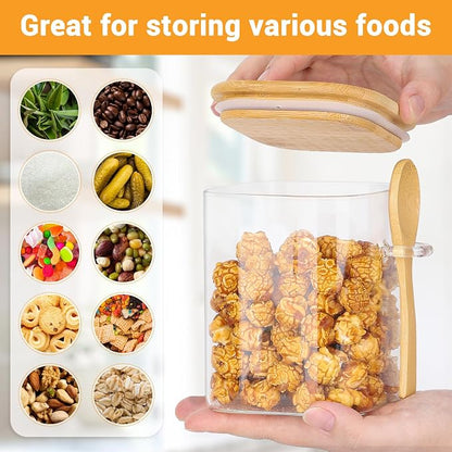 Glass Storage Jars with Airtight Lid - 2 Pack 28 Fl.oz Square Glass Containers with Bamboo Lids and Spoon, Includes Labels and Marker, Cereal Container Tea Canister for Flour, Beans, Sugar