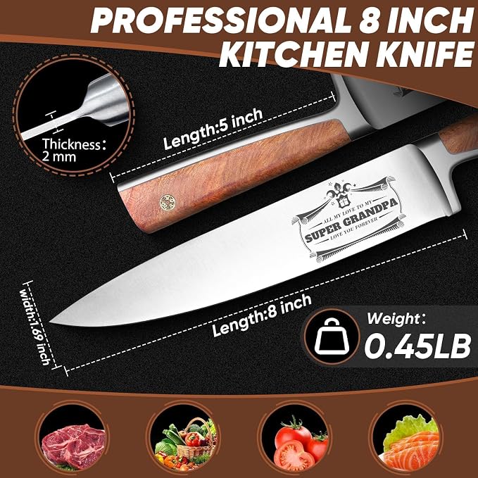 Huusk Birthday Gifts for Grandpa - Premium 8” Chef knife with Ergonomic Handle, Engraved SUPER GRANDPA Birthday Gift for Grandpa, Kitchen Cooking Knife with Gift Box Christmas Gift for Men and Women