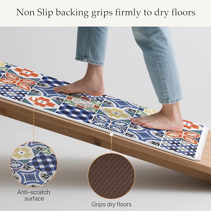 GENIMO Anti Fatigue Kitchen Mats for Floor, Cushioned Non Slip Kitchen Rug, Waterproof Kitchen Floor Mat Runner, Kitchen Mat for Laundry, Sink, Office, Entryway, 20"x48"+20"x32", Blue