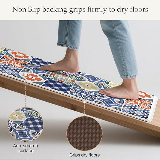 GENIMO Anti Fatigue Kitchen Mats for Floor, Cushioned Non Slip Kitchen Rug, Waterproof Kitchen Floor Mat Runner, Kitchen Mat for Laundry, Sink, Office, Entryway, 17.3"x59"+17.3"x30", Blue