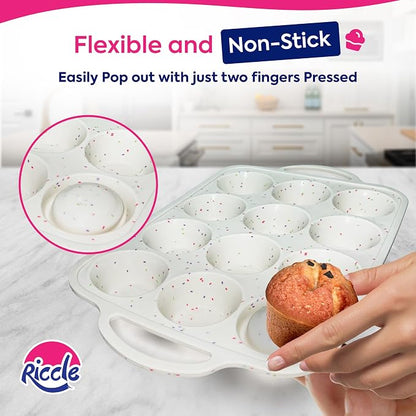 RICCLE Silicone Muffin Pans for Baking with Metal Reinforced Frame, 12-Cup Cupcake Pan, 2 Pcs Muffin Trays for Cupcake Baking, Tray Molds, Oven & Dishwasher Safe, BPA-Free (2 x Standard)