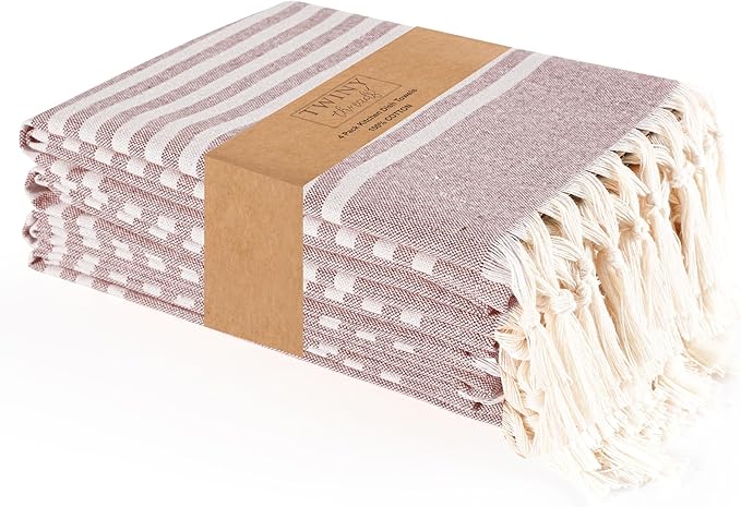 TWINY threads Set of 4 100% Cotton Turkish Kitchen Towels with Hanging Loop & Tassels (18" X 28") | Ultra Washcloth with Fringes | Reusable Hand Towels - Burgundy Wine