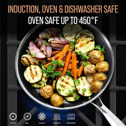 12 Inch Stainless Steel Frying Pan with Lid - Honeycomb Nonstick Skillet - PFOA-Free - Induction Compatible - Oven Safe to 450°F - Dishwasher Safe