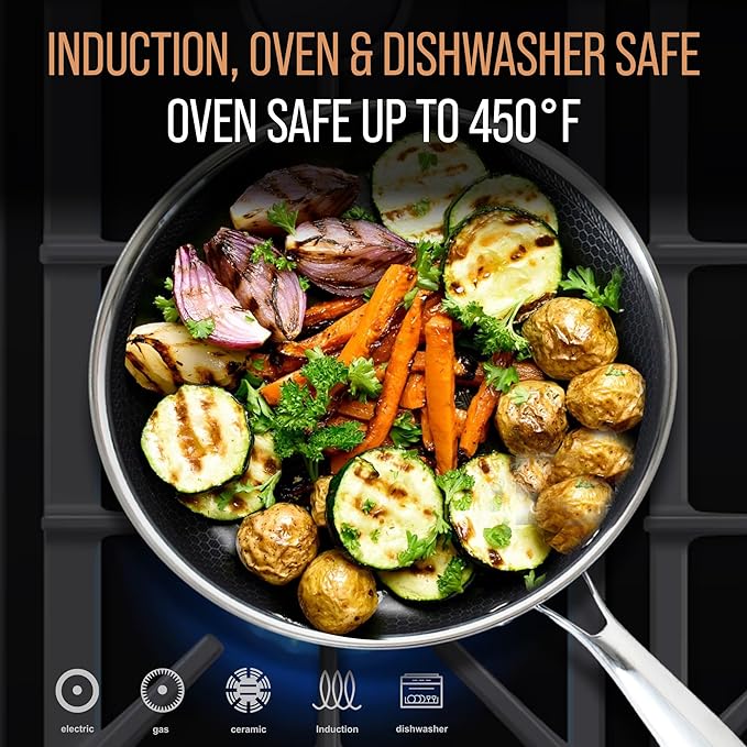10 Inch Stainless Steel Frying Pan - Hybrid Nonstick Honeycomb Skillet with Lid - Induction Compatible - Dishwasher Safe - Oven Safe