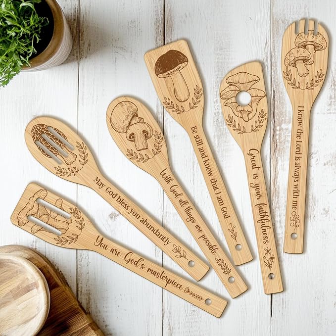 CUTHOLLOW 6PCS Mushroom Wooden Kitchen Cooking Utensil Set, 11.9in Non Toxic Bamboo Wood Spoon Set for Cooking, Best Housewarming Birthday Thanksgiving Christmas Gift for Women Mother