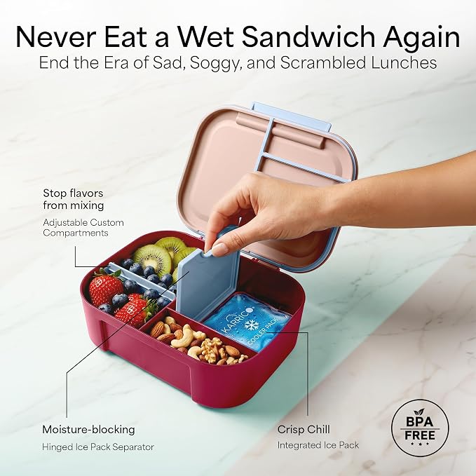 KARRICO Leakproof Lunch Box – 3-Compartment Bento Box, Cooler Pack & Adjustable Divider, Extra Large & BPA-Free – Dishwasher Safe, Ideal for On-the-Go Meals, Pink & Blue