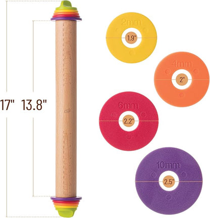 BAMBOO LAND- Adjustable Rolling Pin with Thickness Rings for Baking, 13.8", 4 Colorful Thickness Rings (2-10 mm or 1/16"-3/8"), Wood Rolling Pins for Baking, Bread, Pizza Doughs