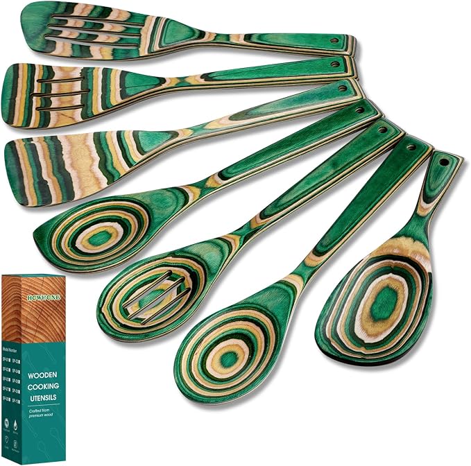 HOWHONG Wooden Spoons for Cooking, Pakkawood Kitchen Utensil Set Oasis Color, Premium Durable Wooden Utensils for Nonstick Cookware, Heat Resistant, Smooth Finish, Comfortable Grip, 7 Piece