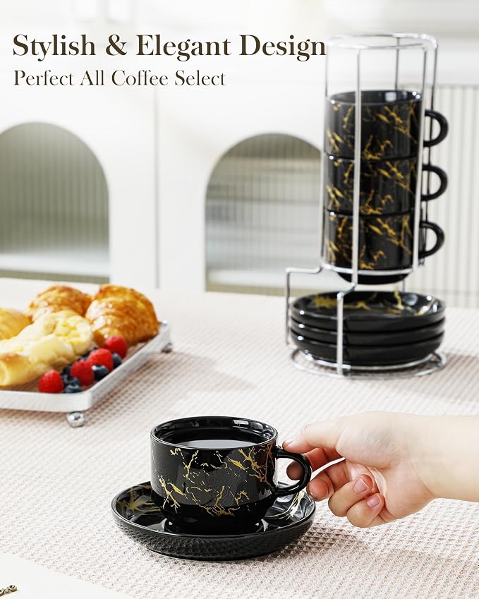 MALACASA 8 OZ Porcelain Espresso Cups with Saucers and Metal Stand Set of 4, Stackable Cappuccino Cups, Marble Black Expresso Shots Cup Set for Coffee Drinks, Latte, Tea