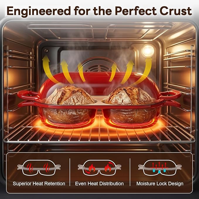 Double Dutch Oven Bread Baker, Cast Iron Sourdough Baking Pan with Lid, Dual Loaf Artisan Bread Cooker, Small Dutch Oven for Bread Baking for Home Kitchen, Professional 500°F Heat Resistant Red Enamel