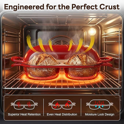 Double Dutch Oven Bread Baker, Cast Iron Sourdough Baking Pan with Lid, Dual Loaf Artisan Bread Cooker, Small Dutch Oven for Bread Baking for Home Kitchen, Professional 500°F Heat Resistant Red Enamel