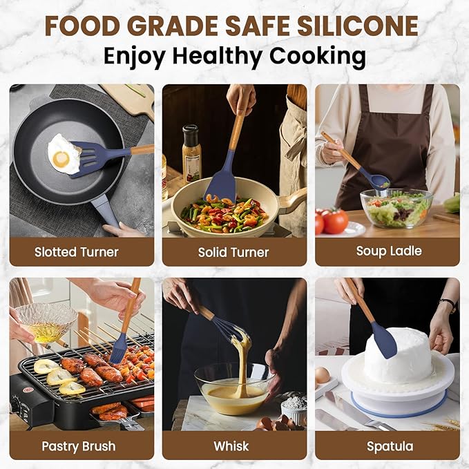 Kitchen Utensils Set - 12 Pcs Silicone Cooking Utensils Set with Wooden Handle - Heat Resistant Non-Stick BPA Free Spatula Set,Turner, Spoon, Brush, Silicone Kitchen Gadgets Utensil Set