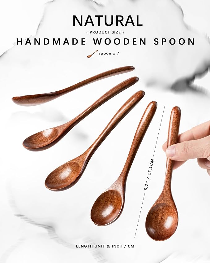 7 PCS Wooden Spoons for Honey, 6.7 inch Small Wooden Spoons - Terrific for Tea, Coffee & Soup, Little Wood Serving Table Spoon Set, Bulk Bamboo Teaspoon for Eating with Unique Design