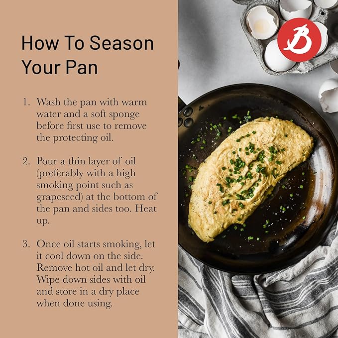 de Buyer MINERAL B Pro Carbon Steel Omelette Pan - 9.5” Diameter, 7.7” Cooking Surface - Naturally Non-Stick Finish - Made in France