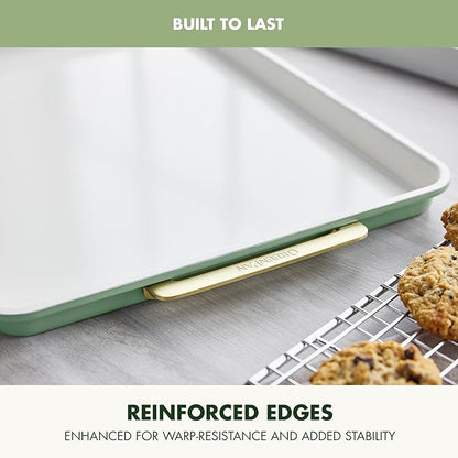 GreenPan Bakeware 13" x 9" Quarter Sheet Pan, Ceramic Nonstick Baking Pan, PFAS & BPA Free, Gold Handles, Durable Steel, Versatile & Space Saving Ovenware, Freezer to Oven Dish, Sage Green