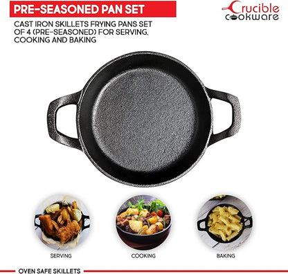 Cast Iron Skillets Frying Pans Set of 4 (Pre-Seasoned) for Serving, Cooking and Baking 7.87” – 4.72”, Oven Safe Forms | Indoor & Outdoor Use