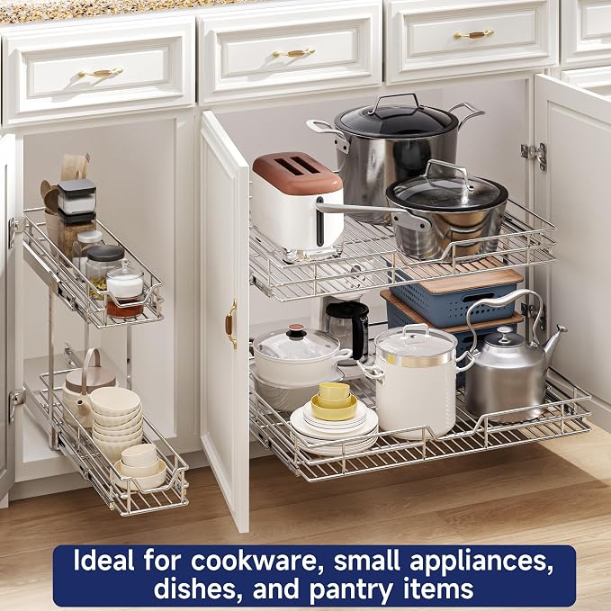 2-Tier Pull Out Cabinet Organizer, 25.5" W x 21.5" D, Heavy Duty Dual Slide Out Shelves for Wide Base Cabinets, Chrome Wire Basket Drawer for Pots, Pans, Pantry & Cleaning Supplies