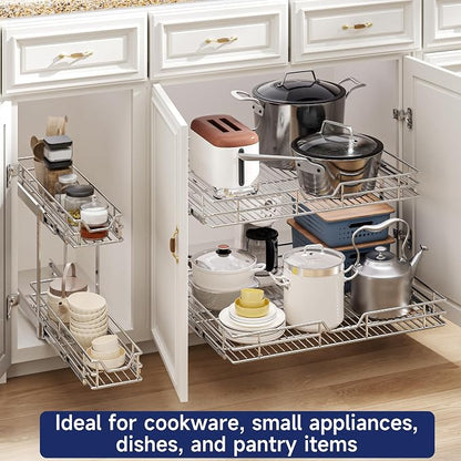 2-Tier Pull Out Cabinet Organizer, 25.5" W x 21.5" D, Heavy Duty Dual Slide Out Shelves for Wide Base Cabinets, Chrome Wire Basket Drawer for Pots, Pans, Pantry & Cleaning Supplies