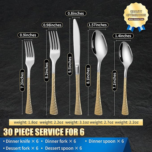 Lemeya Hammered Silver Gold Silverware Set,30 Piece Modern Flatware Set Service for 6,Mirror Polished Stainless Steel Cutlery Set Utensil Set,Kitchen Knives Forks Spoons Set,Dishwasher Safe