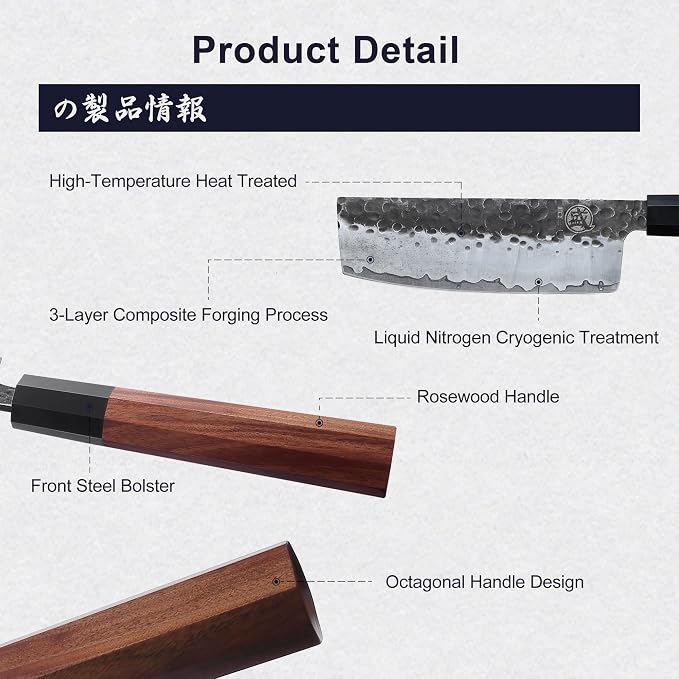 MITSUMOTO SAKARI 7-Inch Japanese Nakiri Knife, 9Cr18MoV Steel | Wide Nakiri blade for vegetable push cuts, 12° edge, 3-layer 9Cr18MoV steel, rosewood handle, sandalwood box