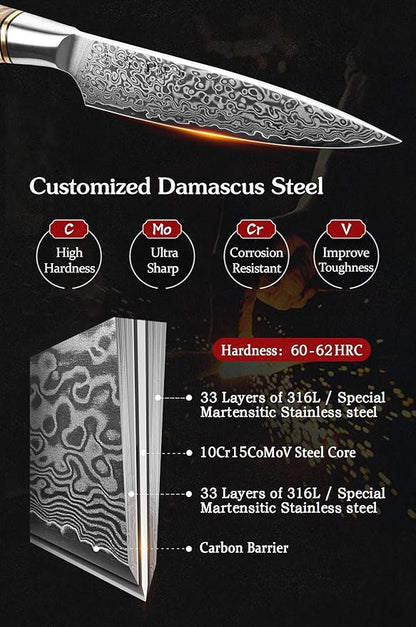 HEZHEN 5 inch Utility Knife with Razor Sharp- Damascus Steel with Rose Pattern Multifunctional VG10 Professional Paring-Fruit knife- Master Series Ergonomic Figured Sycamore Wood Handle