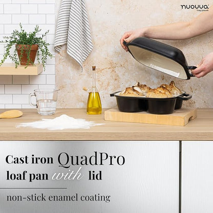 QuadPro Enamelled Cast Iron Bread Loaf Pot – Dutch Oven for Sourdough Bread Baking – 500°F Oven Safe Non Stick Bread Pot – 4 Round Loaf Spaces (4.90-inch Diameter), Black – by Nuovva