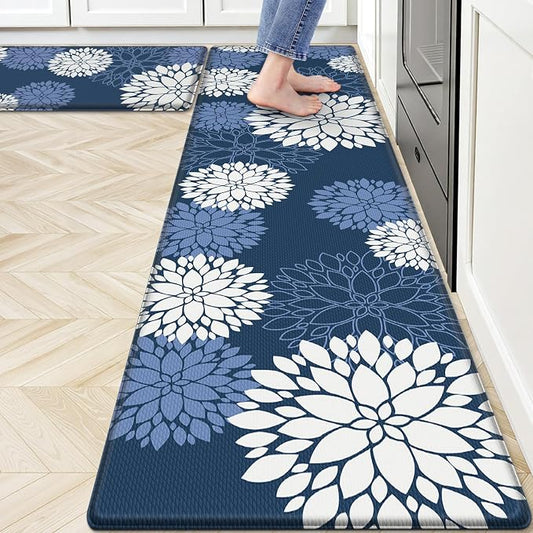 Kitchen Mats, 2PCS Non-Slip Cushioned Rugs, Anti-Fatigue Waterproof Floor Rug, Washable Standing Desk Mat, Home Laundry Office Apartment Decor and Accessories (17.3" ×70" +17.3" ×30"-Blue)
