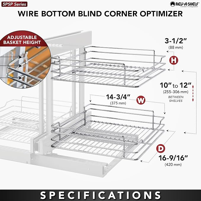 Rev-A-Shelf Chrome Two-Tier Wire Bottom Pullout Organizer for Blind Corner Base Kitchen Cabinets, Adjustable 4-Basket Storage System, Min Opening Width of 18", 5PSP-18-CR