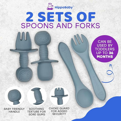 HippoBaby Baby Led Weaning Supplies | 10 Piece Silicone Baby Feeding Set | Baby Toddler Bib Cup Divided Plate and Bowl Self Feeding Spoons Dish Set | Baby Utensils | Toddler Feeding Supplies (Sky)