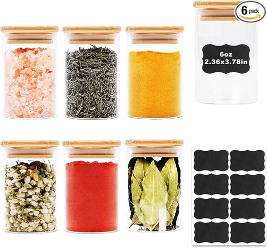 SHOWIN 6oz Glass Food Storage Jars, Glass Jars with Bamboo Lids, Kitchen Storage Jars, Set of 6, Canisters with Airtight Lids for Spice, Coffee, Cookie, Pantry Organizers