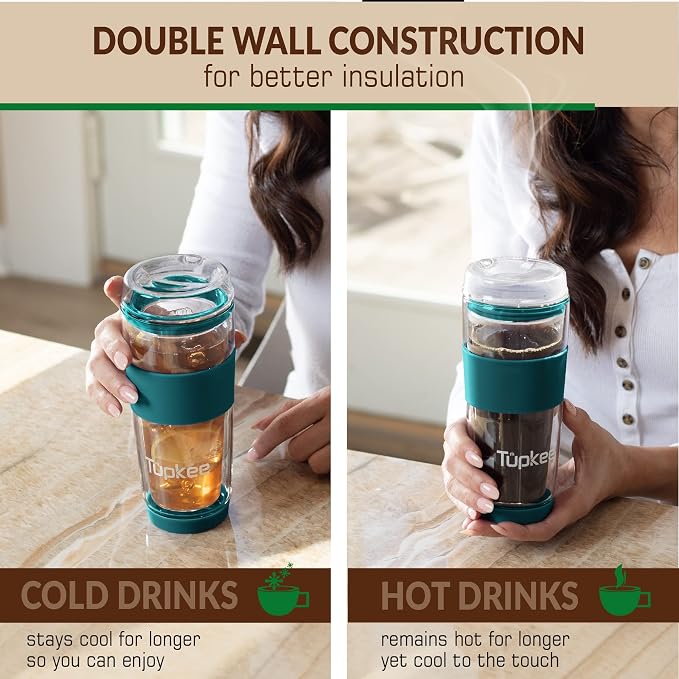 Double Wall Glass Tumbler - 14-Ounce, All Glass Reusable Insulated Tea/Coffee Mug & Lid, Hand Blown Travel Mug - Cyan