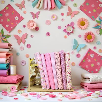 7Pcs Square Shape, Flower, Striped, Polka Dot Cotton Fabric for Sewing, 25x25cm Cotton Flower Polka Dot Bundle DIY Patchwork Quilt Cloth,Craft and Hobby Fabric (Pink)