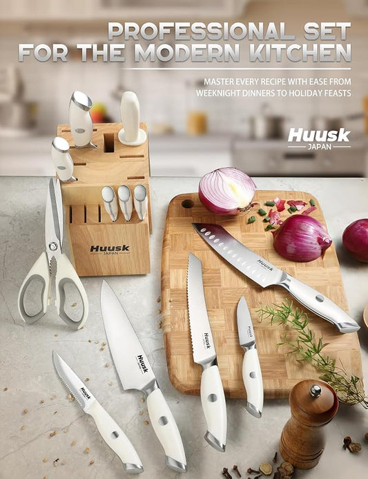 Huusk Knife Set with Block - 14 Pieces Japanese Stainless Steel Knives Blocks Set for Kitchen with Ergonomic Ivory White Handle Natural Wood Block Housewarming Gift for Women Men