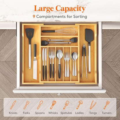 Lifewit Silverware Drawer Organizer, Expandable Utensil Tray for Kitchen, Flatware and Cutlery Holder, Wood Adjustable Storage for Spoons Forks Knives, 31-53 x 43cm, Natural