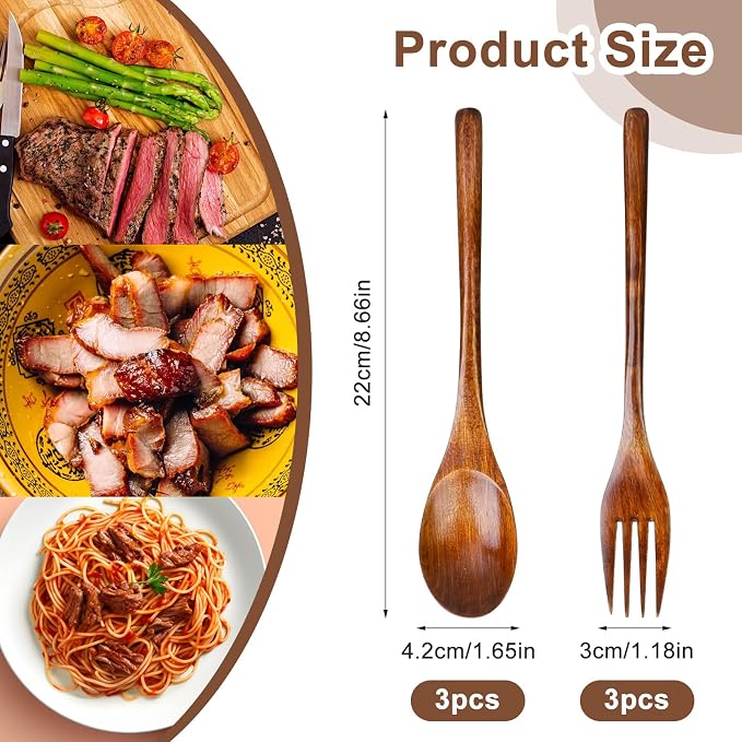 6 Pcs Wooden Forks and Spoons Reusable Wooden Spoons Forks Set Eating Utensil Set wooden Cutlery Wood Dinnerware Set Wood Kitchen Tableware Bamboo Utensils for Stirring Cooking Eating