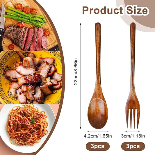 6 Pcs Wooden Forks and Spoons Reusable Wooden Spoons Forks Set Eating Utensil Set wooden Cutlery Wood Dinnerware Set Wood Kitchen Tableware Bamboo Utensils for Stirring Cooking Eating