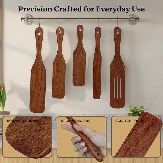 6-Piece Wooden Spurtle Set – Acacia Wood Kitchen Tools for Cooking, Mixing & Stirring – Non-Stick Safe Spurtle Spatula Set