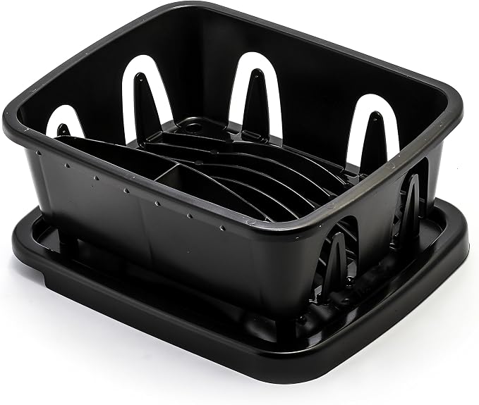 Camco RV Mini Dish Drainer & Tray - Features a Sloped Drain Tray Design, Heavy-Duty Construction - Ideal for Small Spaces, Apartments, Boats, and More -9.5"L x 11.7"W x 4.75"H - Black (43512)