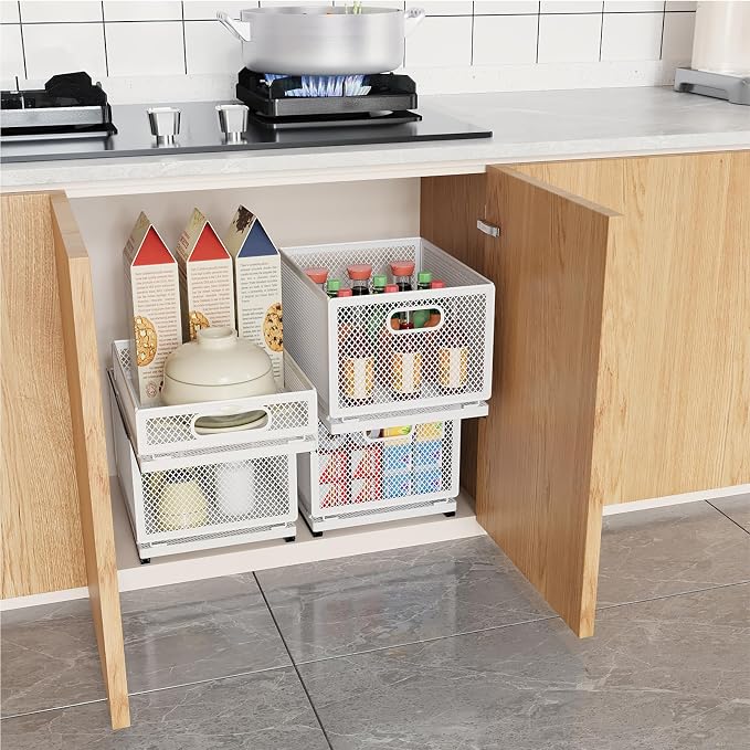 Pull Out Cabinet Organizer, Slide Out Drawers Fixed with Adhesive Nano Film, Pantry Shelves Sliding Drawer Storage Organization for Kitchen (Double Layer 11.8 * 9.4 * 10inch/30 * 24 * 25.5cm)