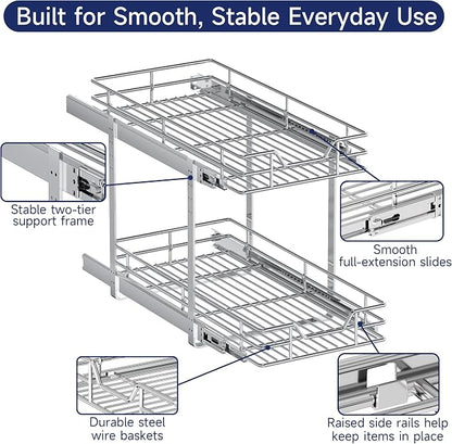 2-Tier Pull Out Cabinet Organizer, 12.5" W x 21.5" D, Heavy Duty Dual Slide Out Shelves for Narrow Base Cabinets, Chrome Wire Basket Drawer for Spices, Bottles & Snacks