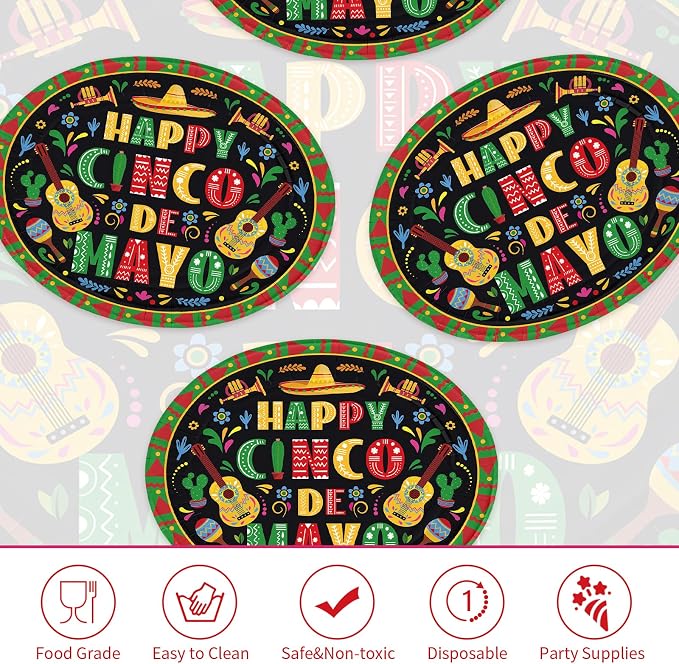50Pcs Cinco De Mayo Oval Paper Plates 10" x 12" Large Disposable Heavy Duty Mexican Fiesta Paper Platters Black Mexico Taco Fiesta Dessert Plates for Mexican Cinco De Mayo Festive Party Supplies